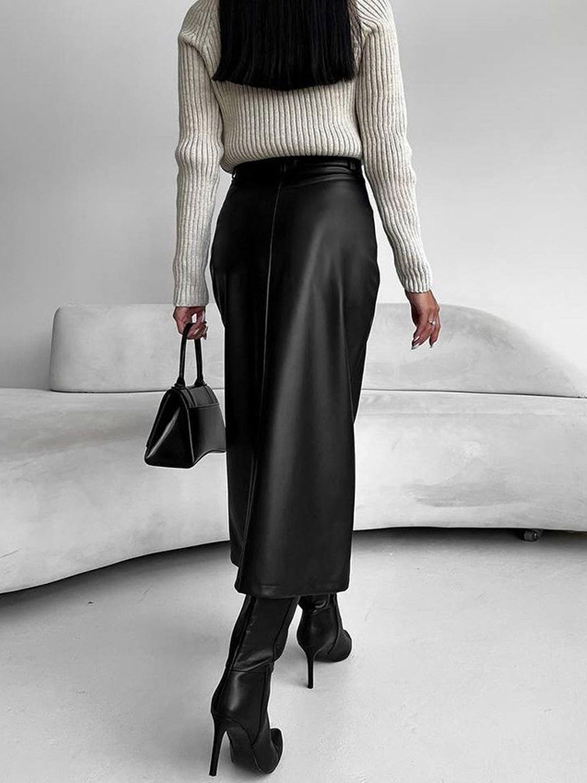 Faux Leather Midi Skirt – High-Slit Elegant Statement Piece