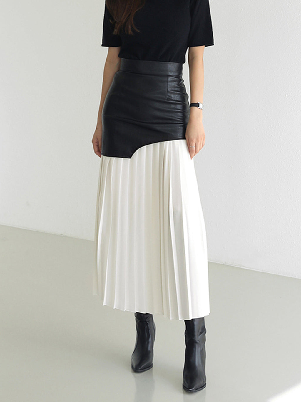 Asymmetrical Midi Skirt – Women’s Faux Leather & Chiffon Regular Fit Skirt