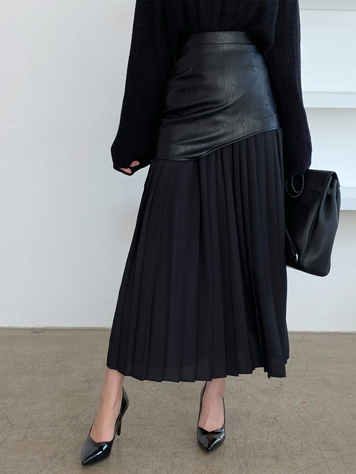 Asymmetrical Midi Skirt – Women’s Faux Leather & Chiffon Regular Fit Skirt