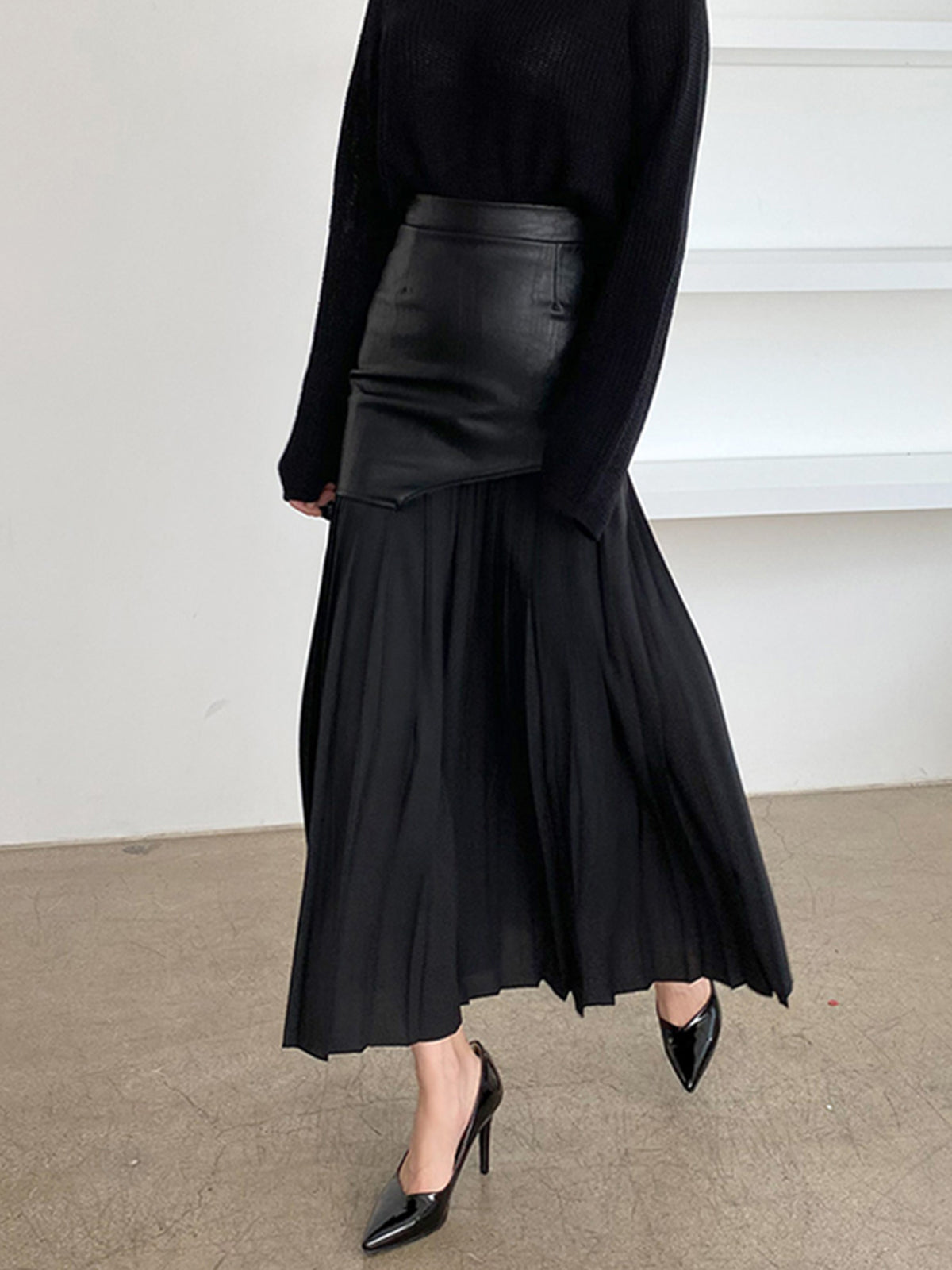 Asymmetrical Midi Skirt – Women’s Faux Leather & Chiffon Regular Fit Skirt
