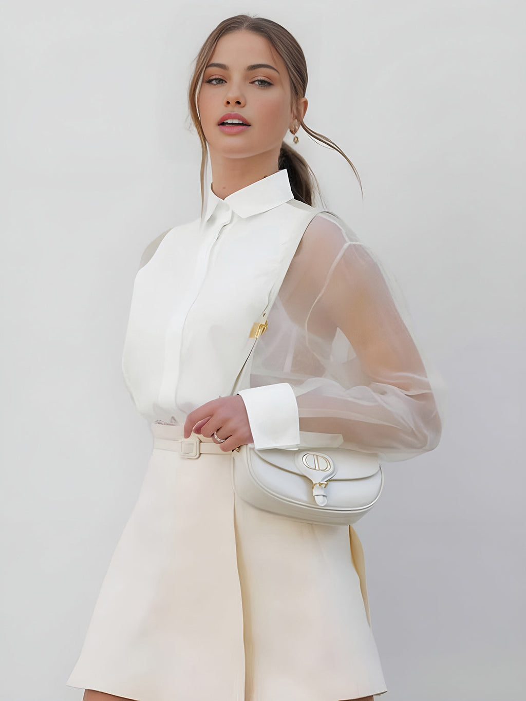 Elegant Women’s Organza Blouse – Transparent Mesh Sleeves & Classic Design