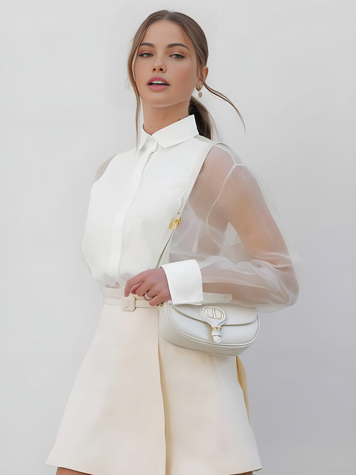 Elegant Women’s Organza Blouse – Transparent Mesh Sleeves & Classic Design