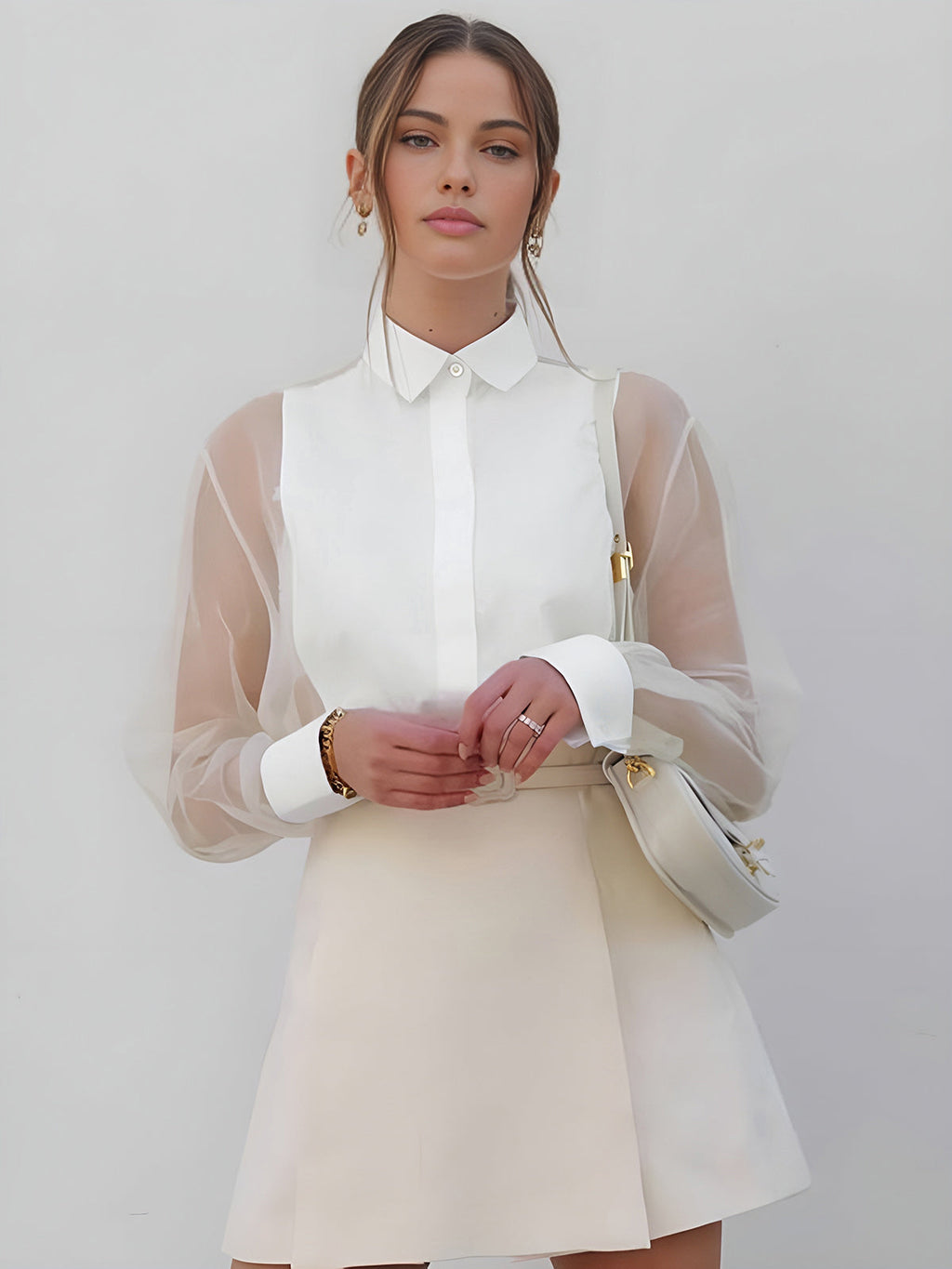 Elegant Women’s Organza Blouse – Transparent Mesh Sleeves & Classic Design