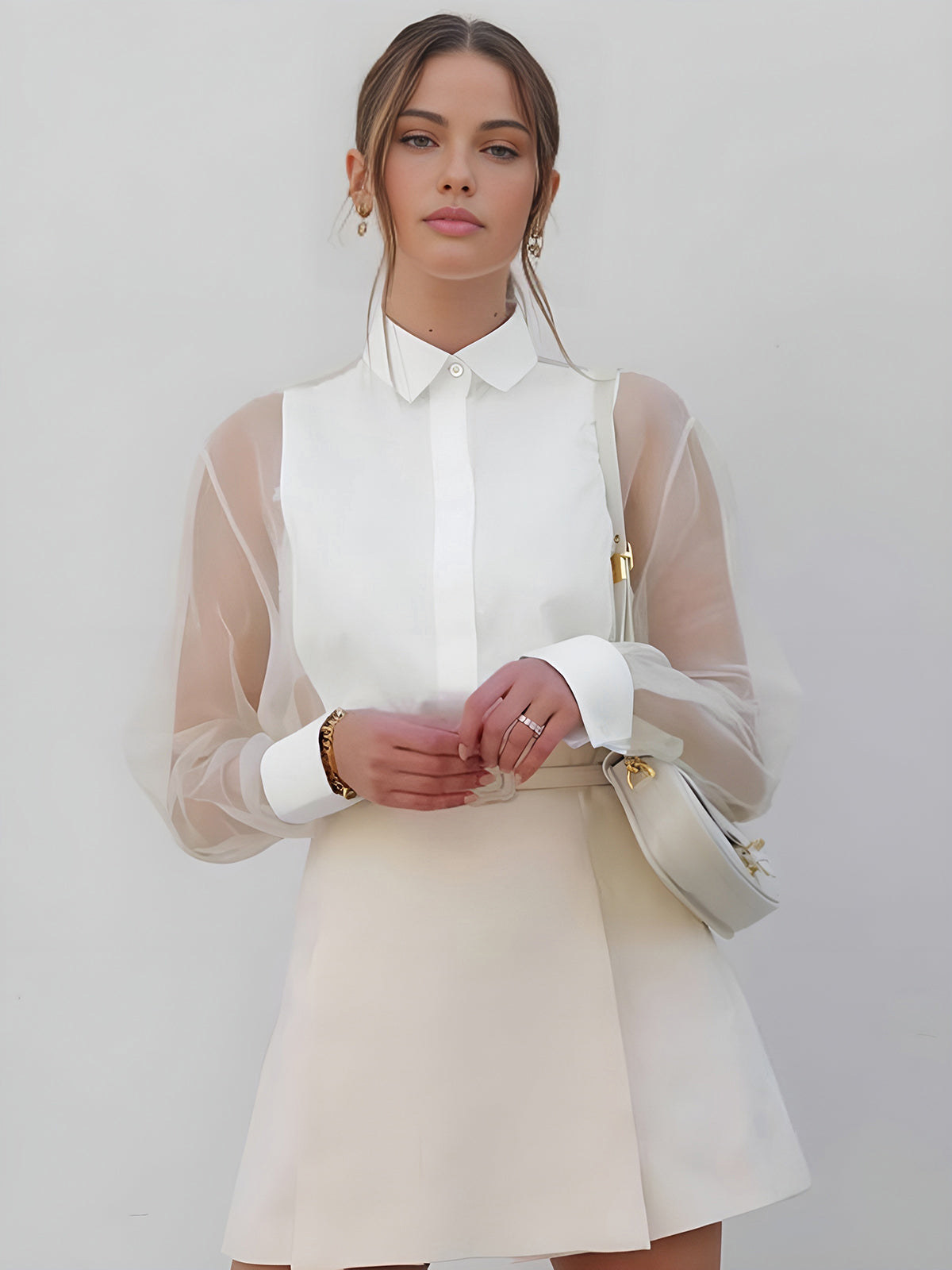 Elegant Women’s Organza Blouse – Transparent Mesh Sleeves & Classic Design