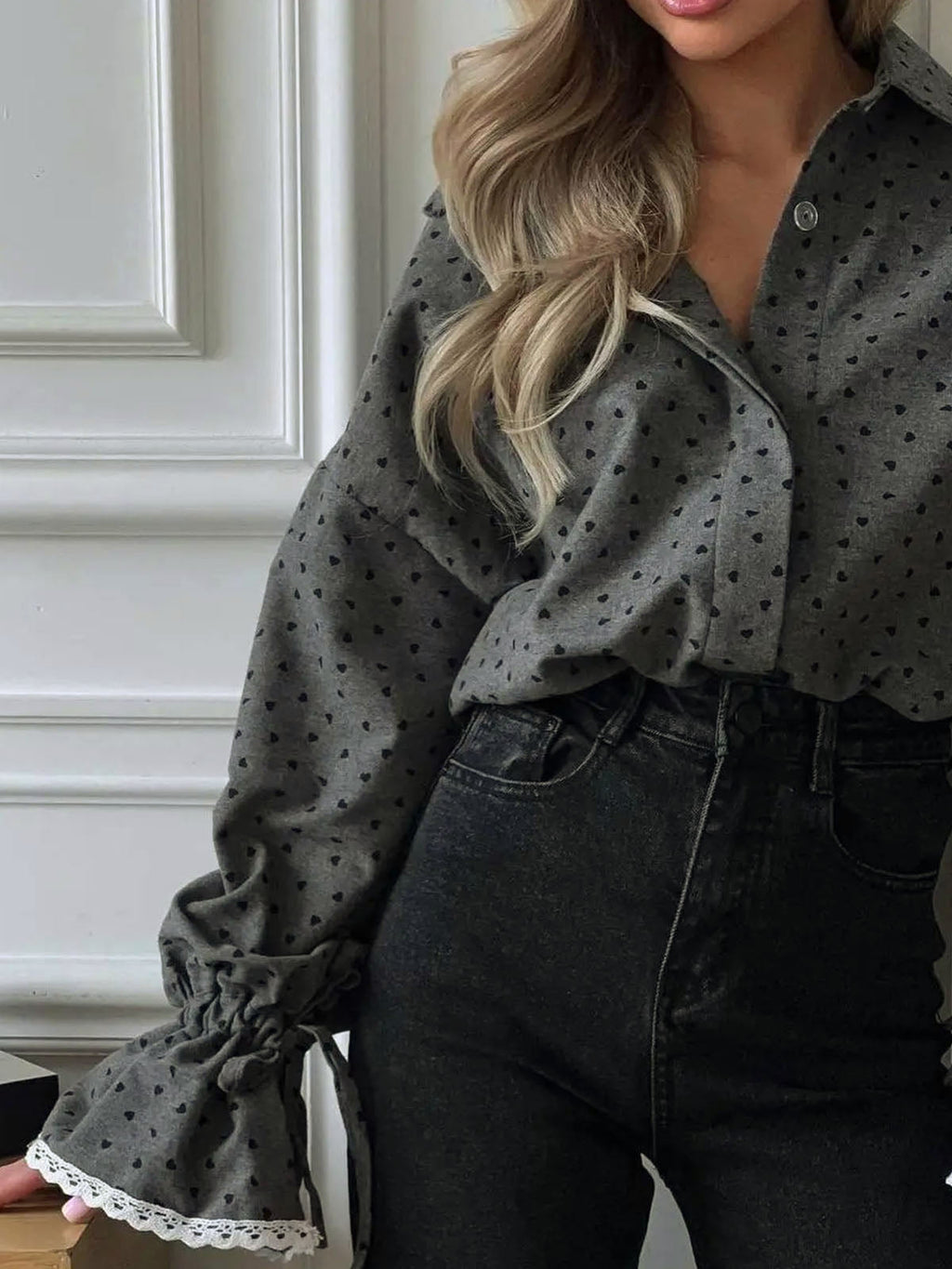 Women’s Heart Print Button Down Shirt – Romantic Ruffle Design in Woven Fabric