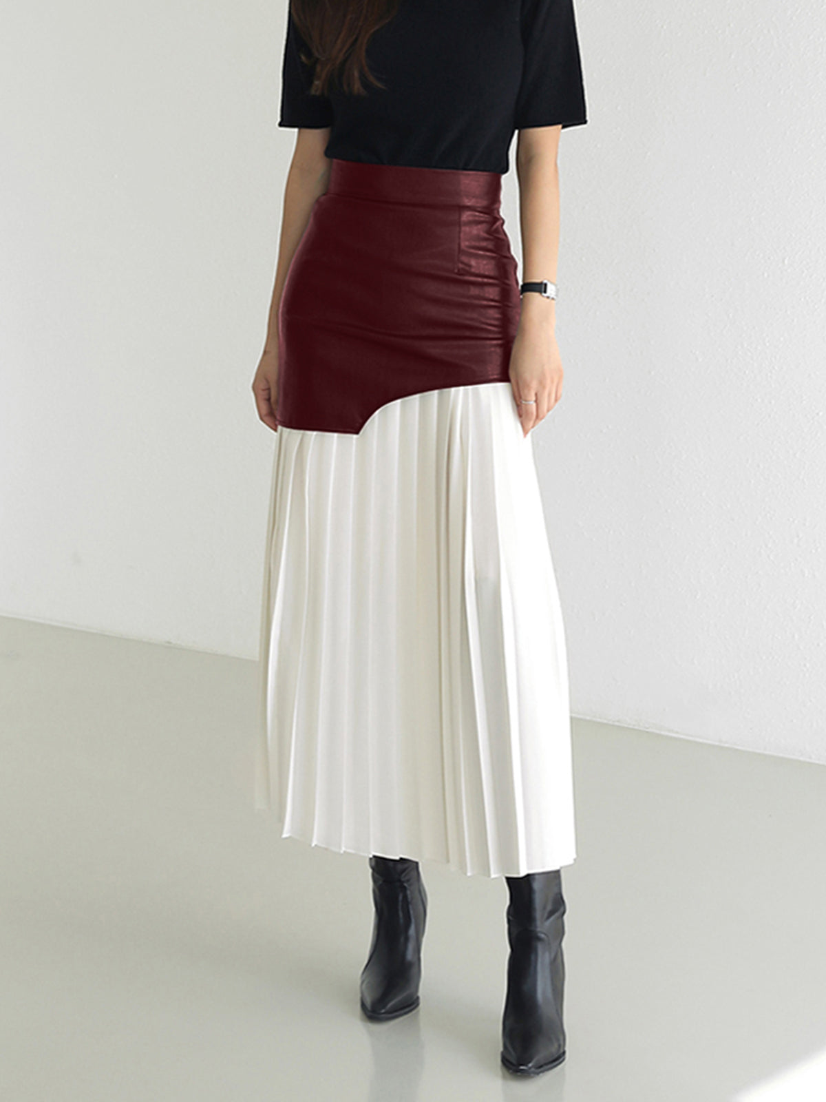 Asymmetrical Midi Skirt – Women’s Faux Leather & Chiffon Regular Fit Skirt