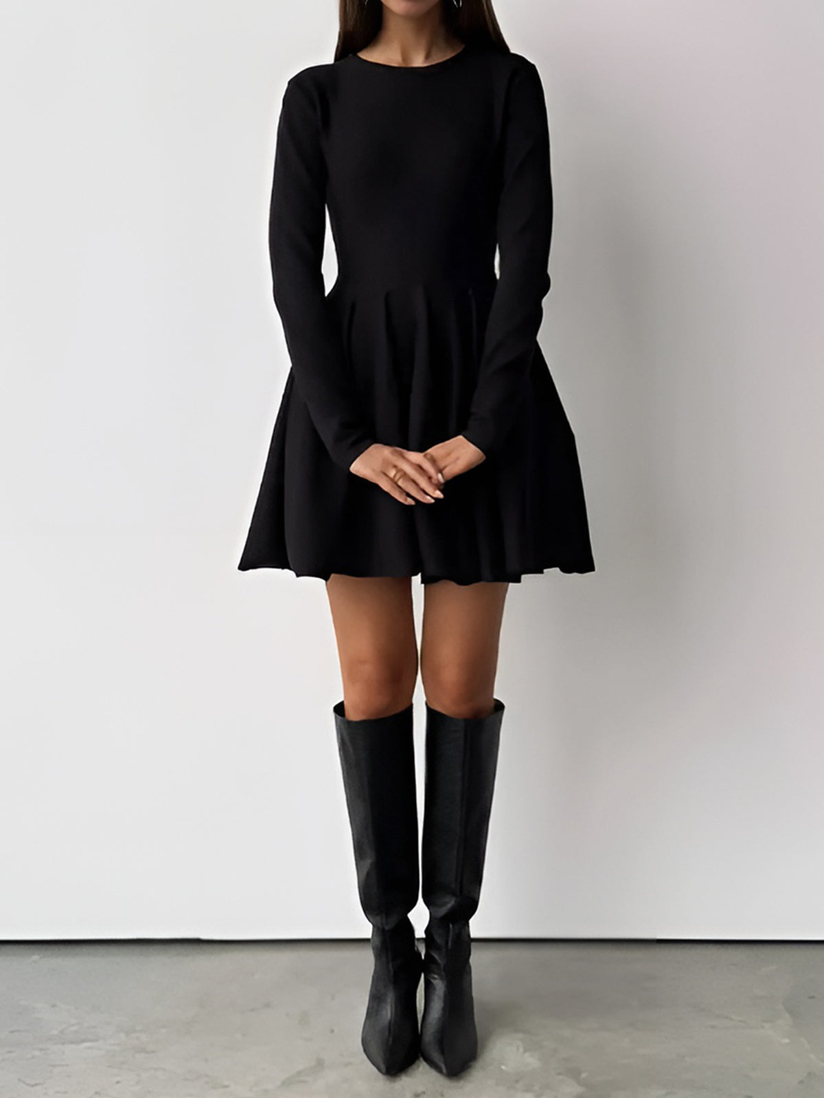Women’s Pleated Sweater Dress – Short Knit Dress with Stretch Fit