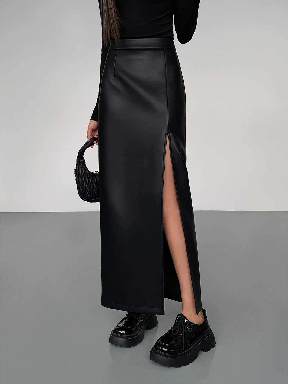 Side Split PU Leather Midi Skirt – High Waist Faux Leather with Chic Split Detail