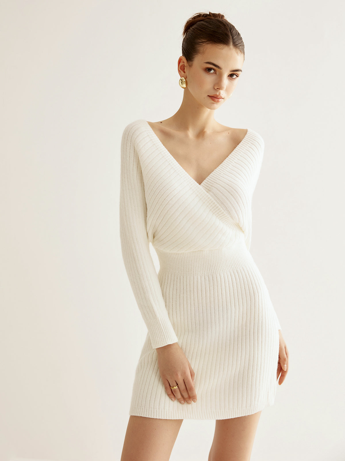 White Sweater Dress for Women – Crisscross Strap Slim-Fit Dress with Fitted Waist