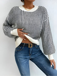 Color Block Striped Knit Top – Trendy Long Sleeve Sweater with Medium Stretch