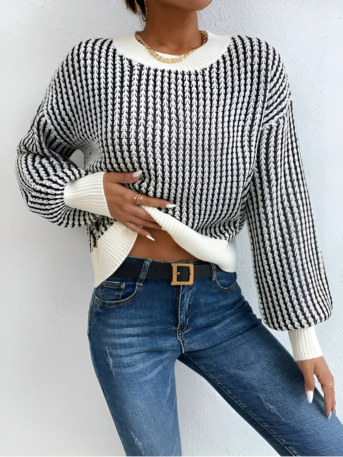 Color Block Striped Knit Top – Trendy Long Sleeve Sweater with Medium Stretch
