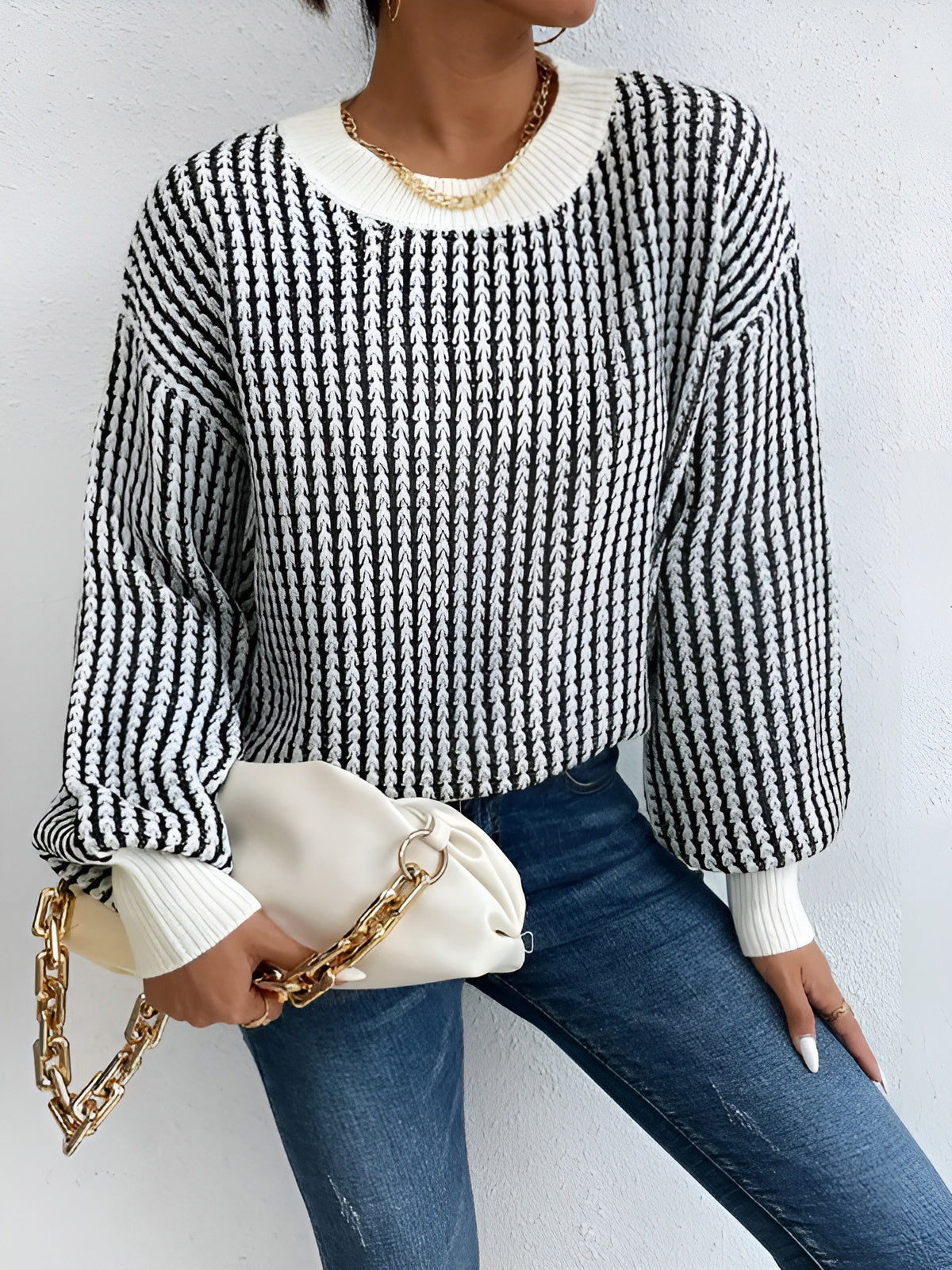 Color Block Striped Knit Top – Trendy Long Sleeve Sweater with Medium Stretch