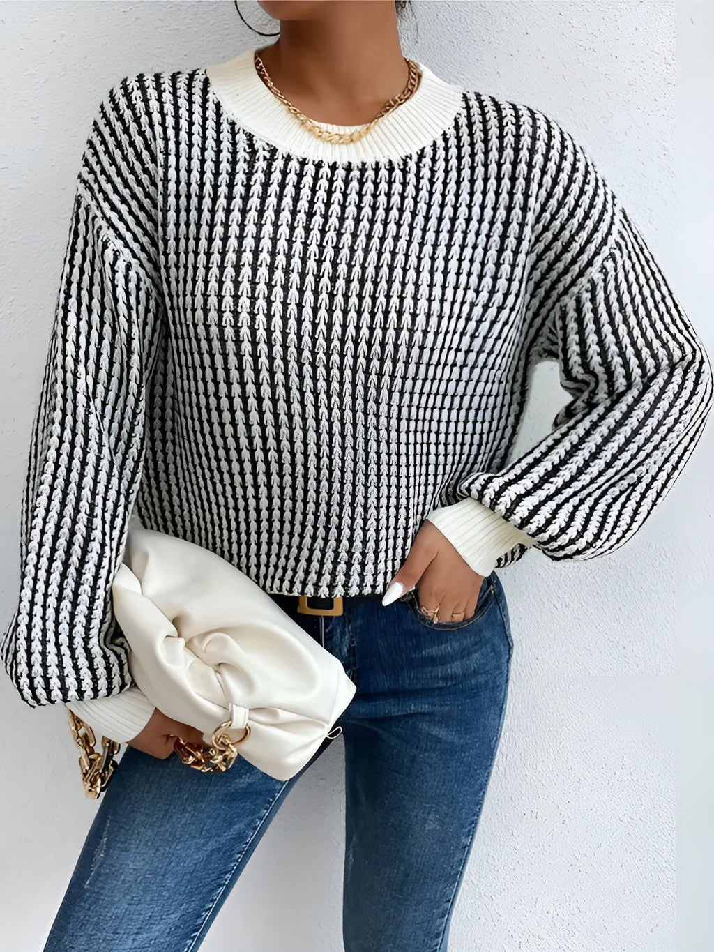 Color Block Striped Knit Top – Trendy Long Sleeve Sweater with Medium Stretch