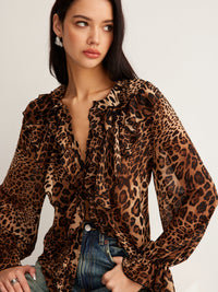Chic Safari Leopard Print Blouse – Luxury Ruffle Neckline Women’s Long Sleeve Chiffon Top
