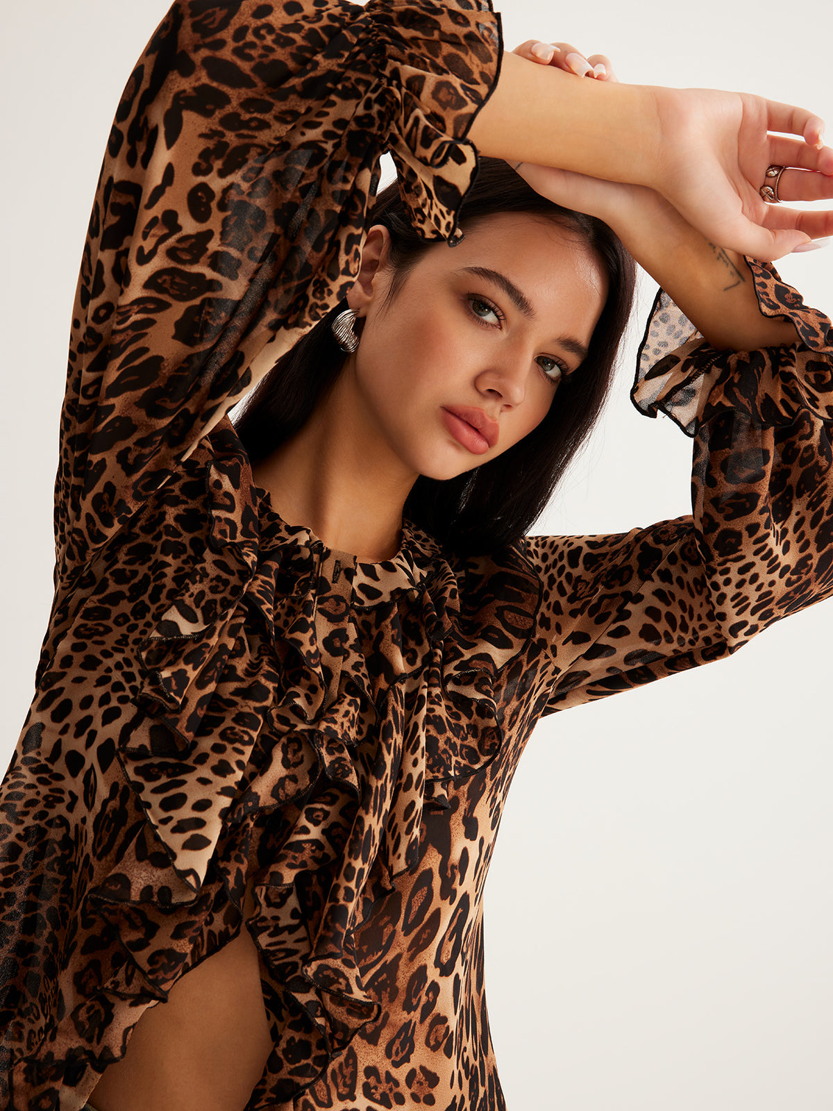 Chic Safari Leopard Print Blouse – Luxury Ruffle Neckline Women’s Long Sleeve Chiffon Top