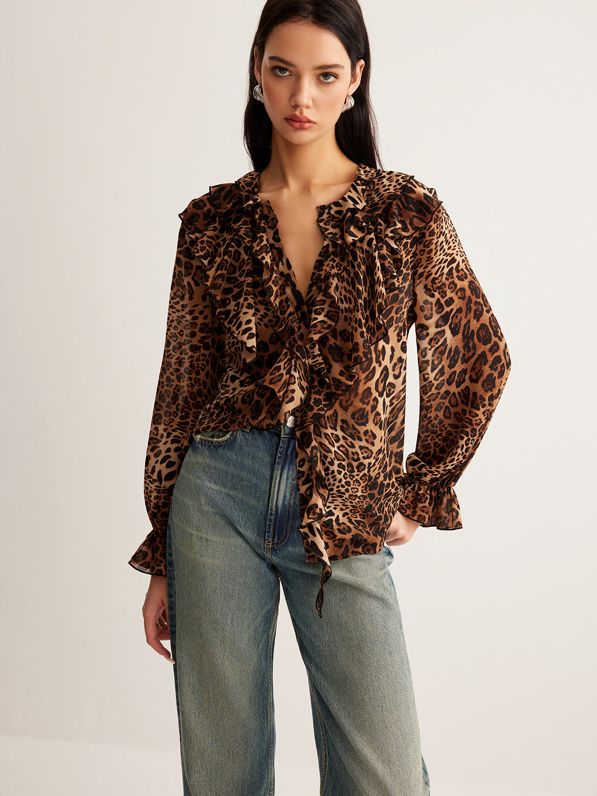 Chic Safari Leopard Print Blouse – Luxury Ruffle Neckline Women’s Long Sleeve Chiffon Top