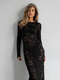 Semi-Sheer Lace Long Dress – Elegant Slim Fit Maxi with High Stretch