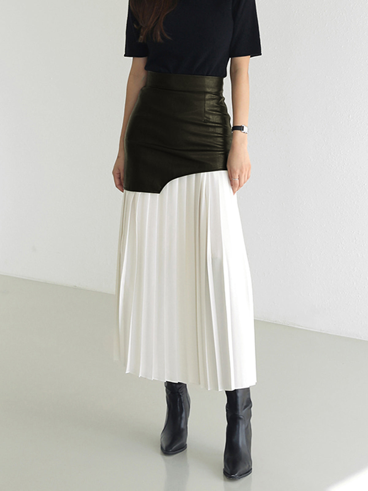 Asymmetrical Midi Skirt – Women’s Faux Leather & Chiffon Regular Fit Skirt