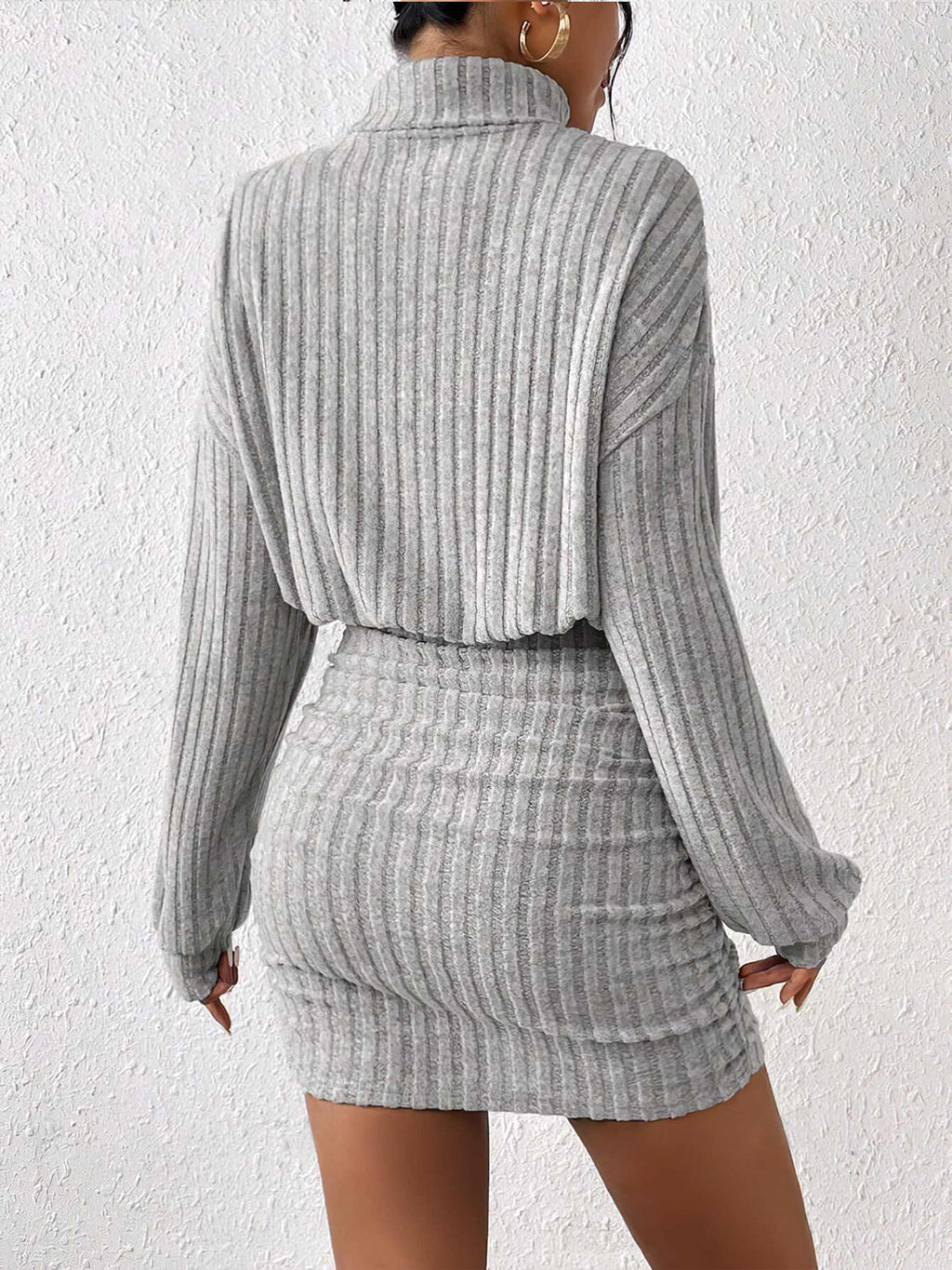 Mock Neck Ribbed Short Dress – Chic Pleated Mini with Long Sleeves & Medium Stretch