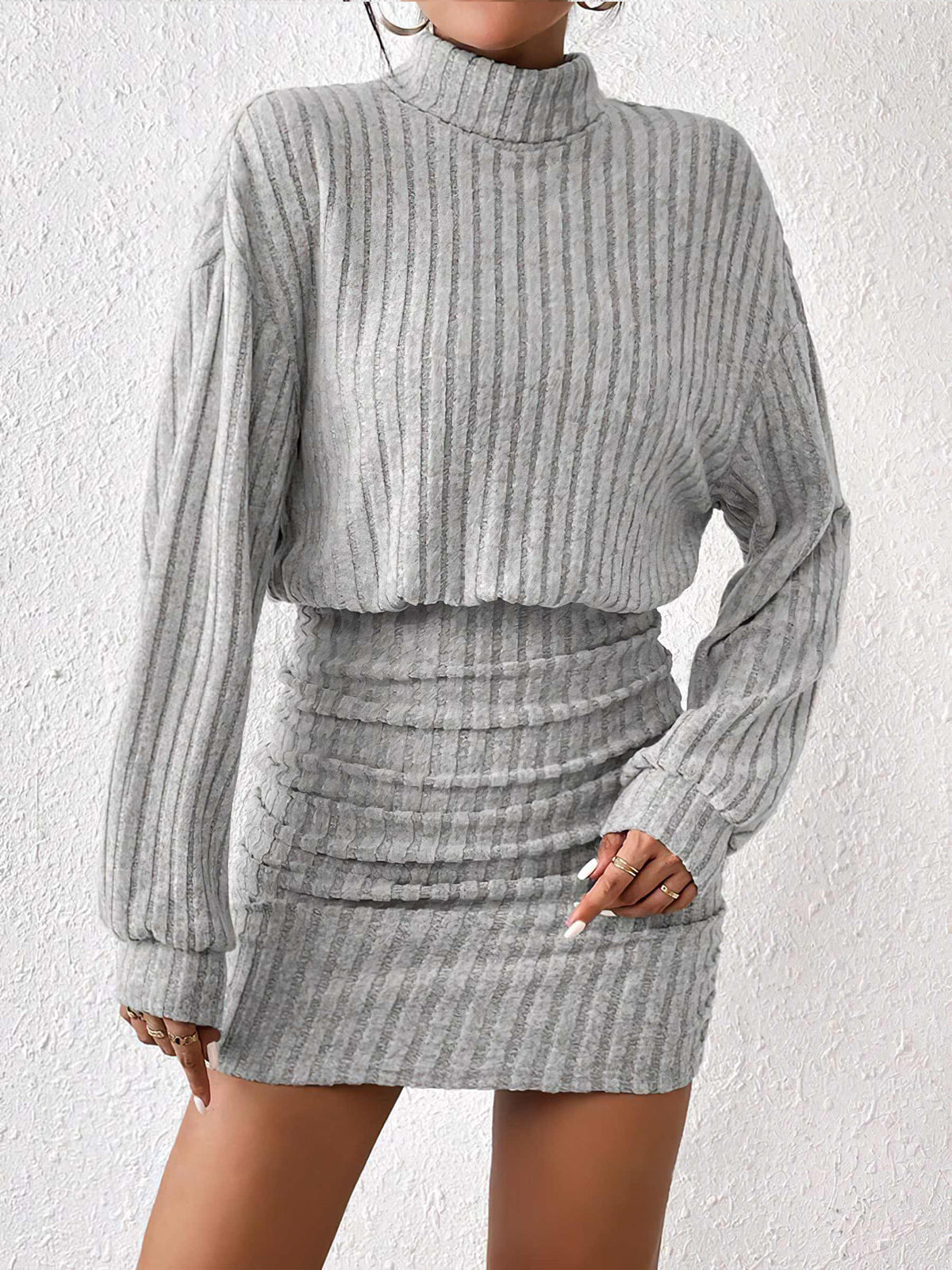 Mock Neck Ribbed Short Dress – Chic Pleated Mini with Long Sleeves & Medium Stretch
