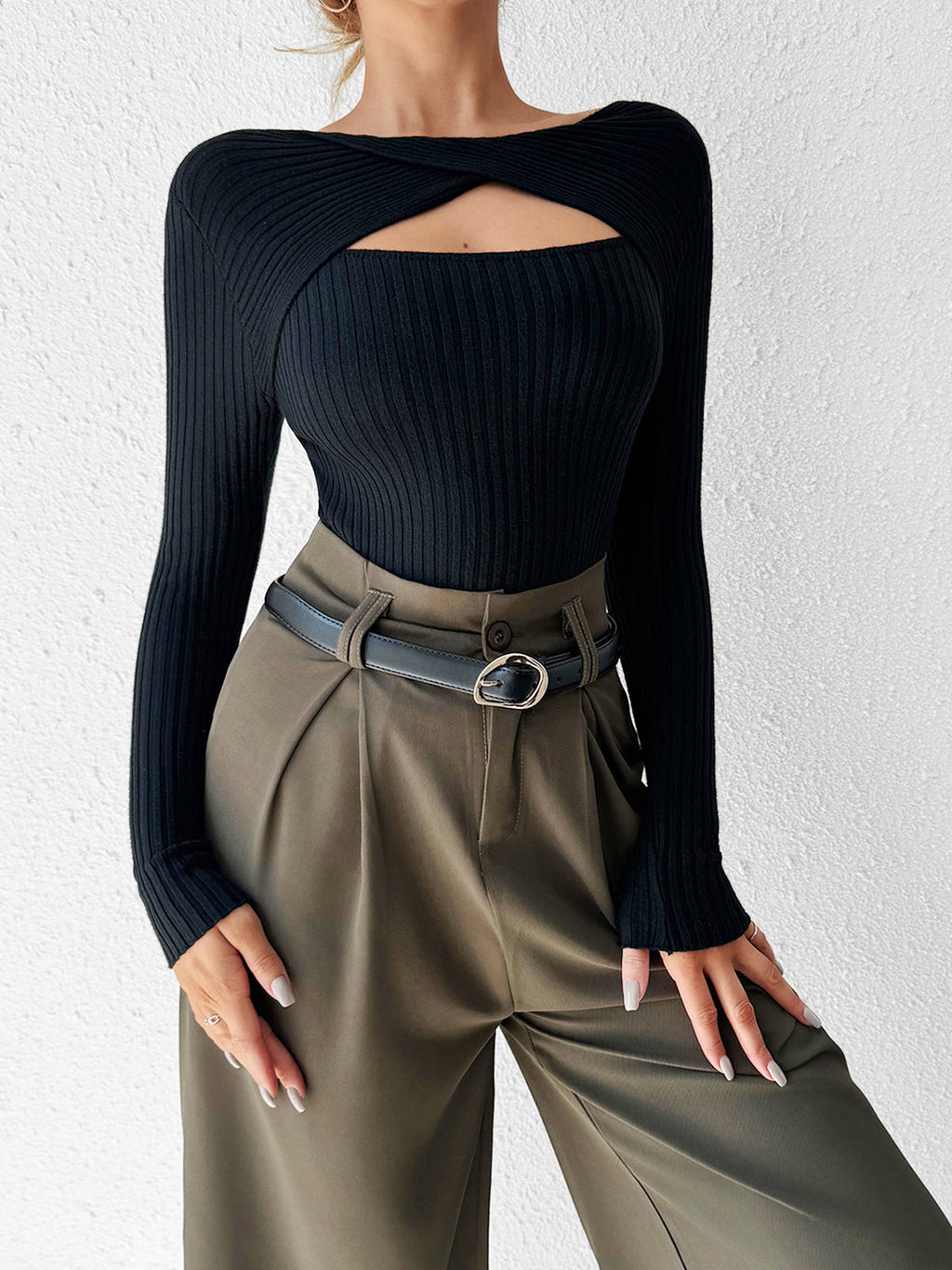 Cutout Skinny Knit Top – Asymmetrical Long Sleeve with High Stretch Comfort