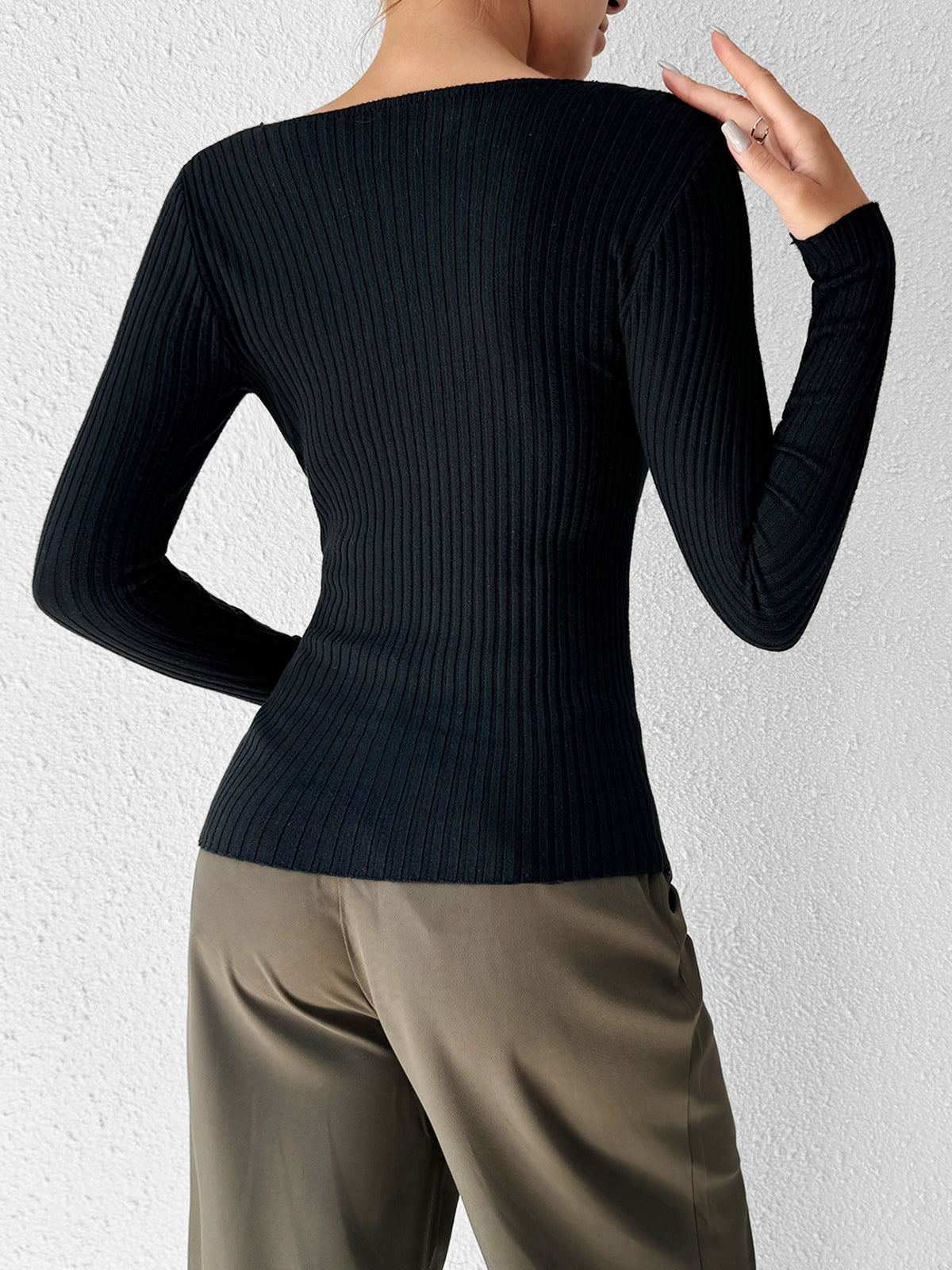 Cutout Skinny Knit Top – Asymmetrical Long Sleeve with High Stretch Comfort