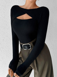 Cutout Skinny Knit Top – Asymmetrical Long Sleeve with High Stretch Comfort