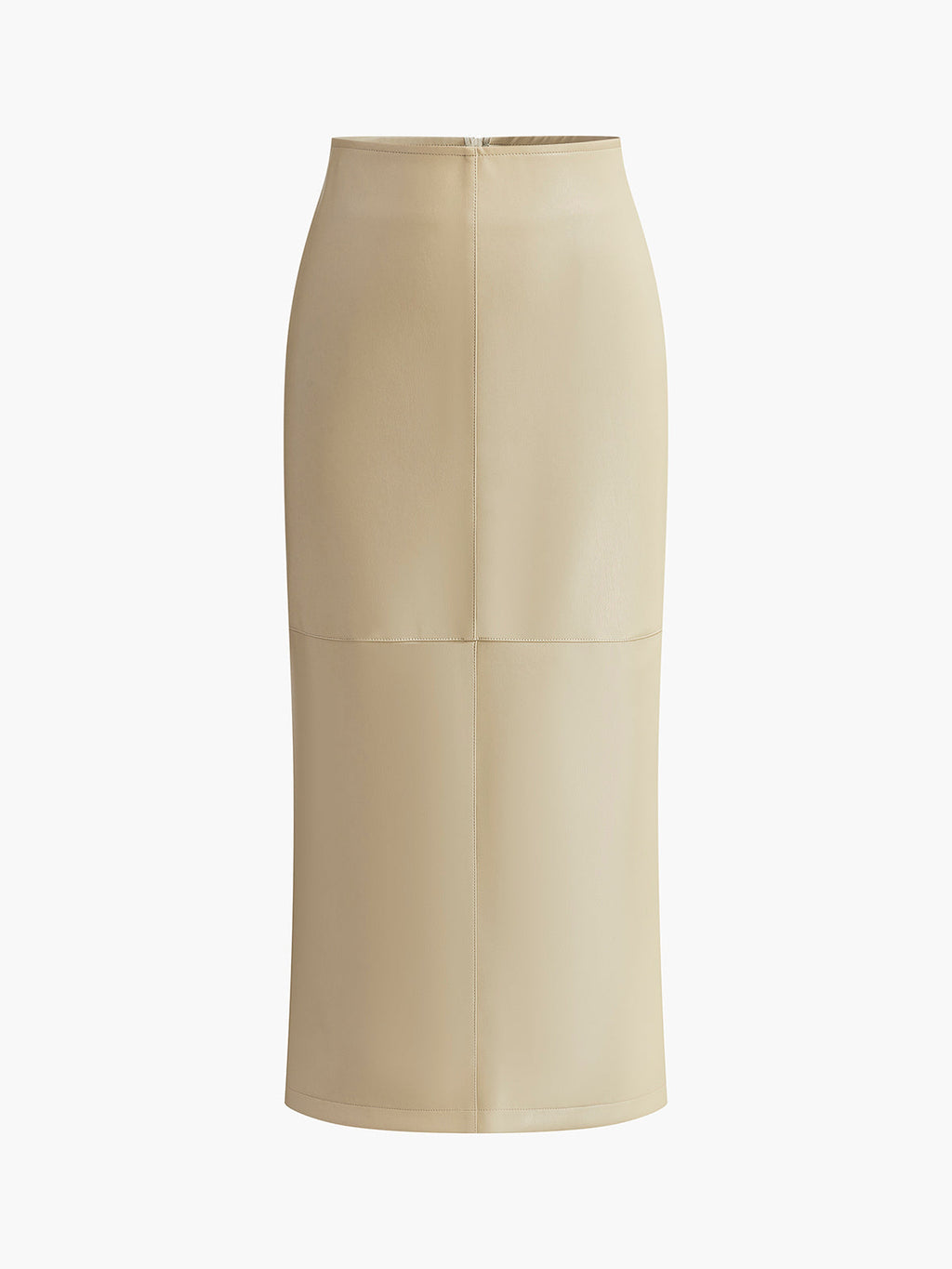 Faux Leather Midi Skirt with Piped Hem and Slit – High-Waist PU Skirt for Women