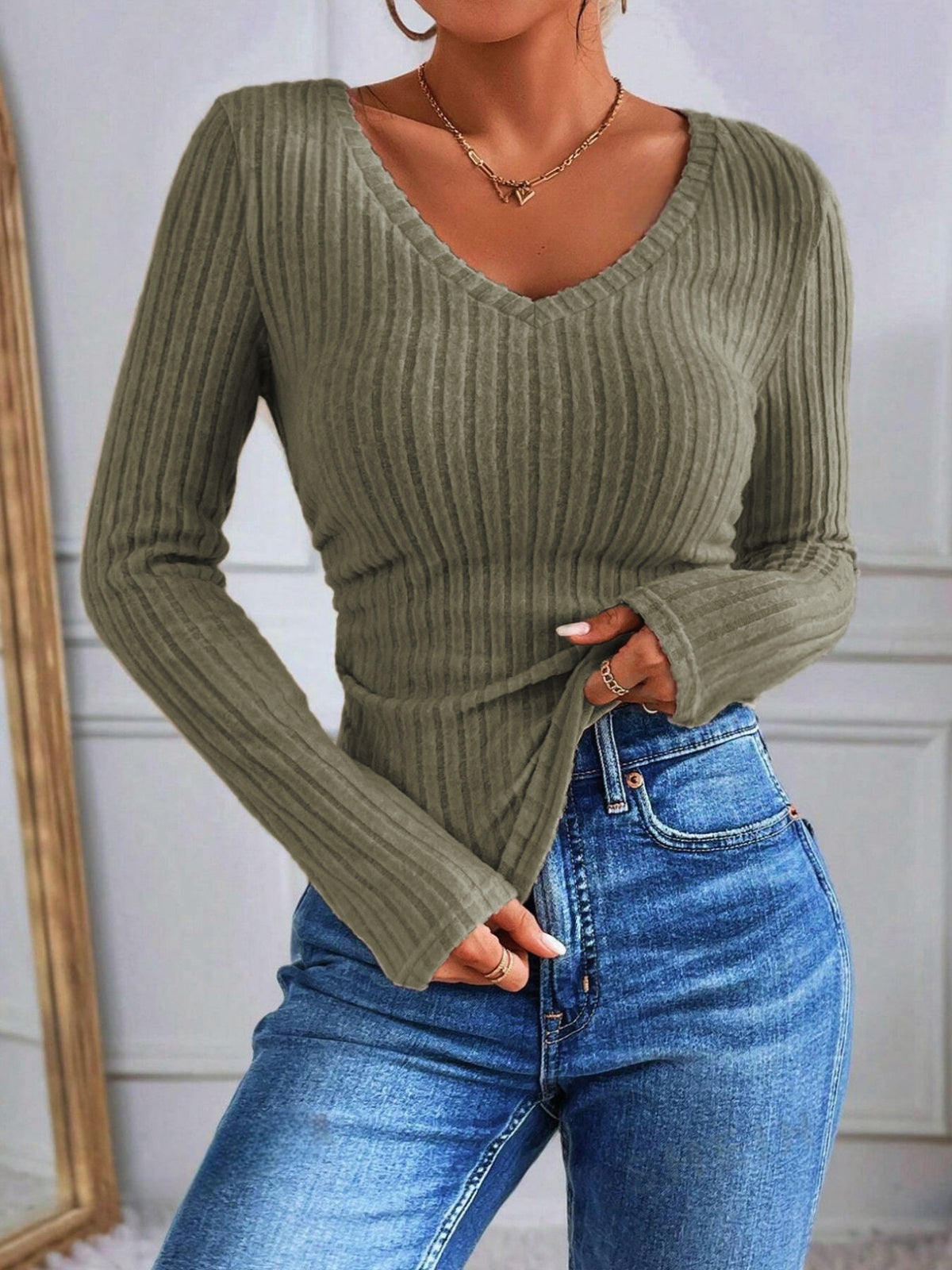 Striped V-Neck Top – Women’s Ribbed Long Sleeve Top with Pleated Detail