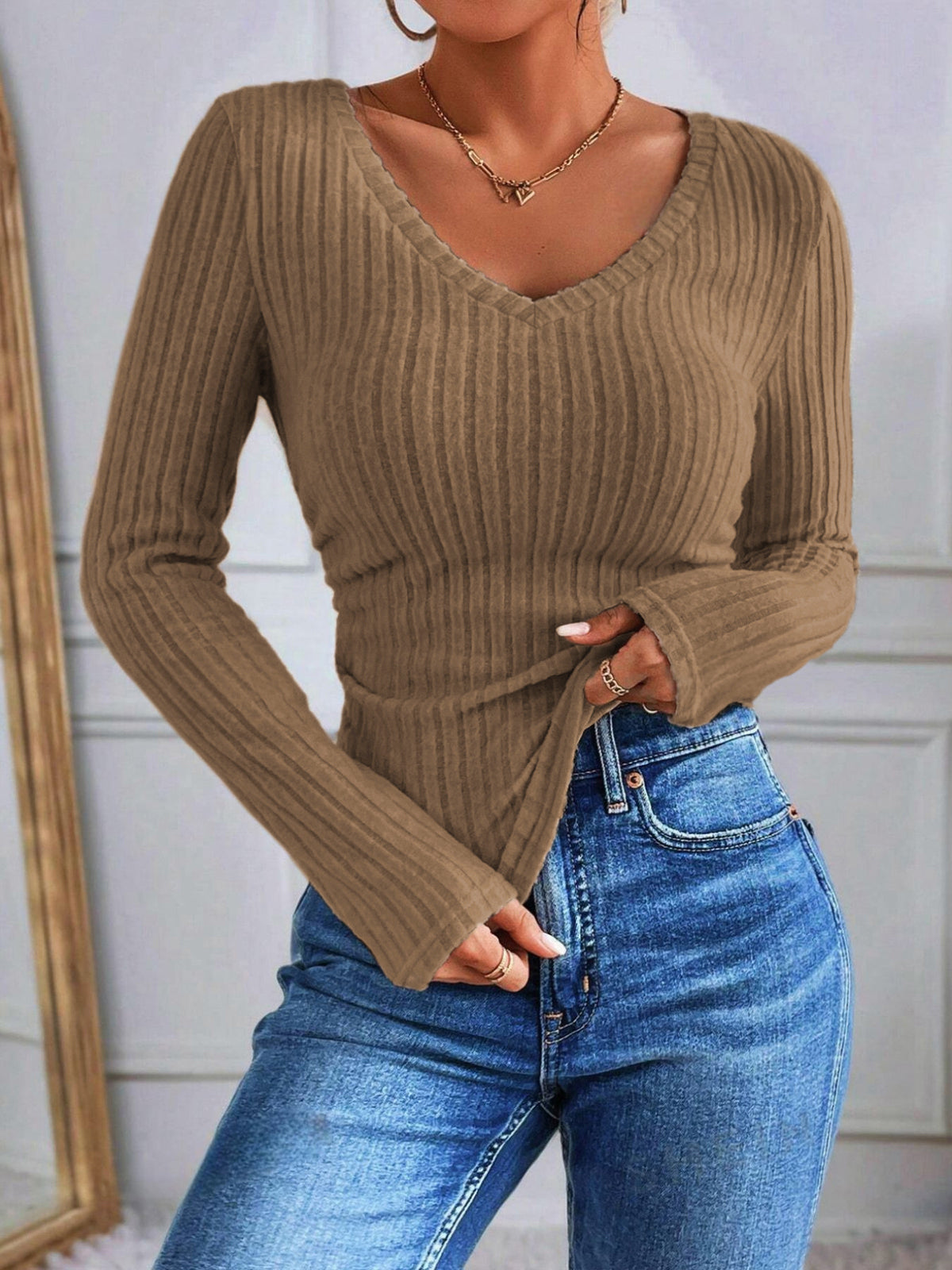 Striped V-Neck Top – Women’s Ribbed Long Sleeve Top with Pleated Detail