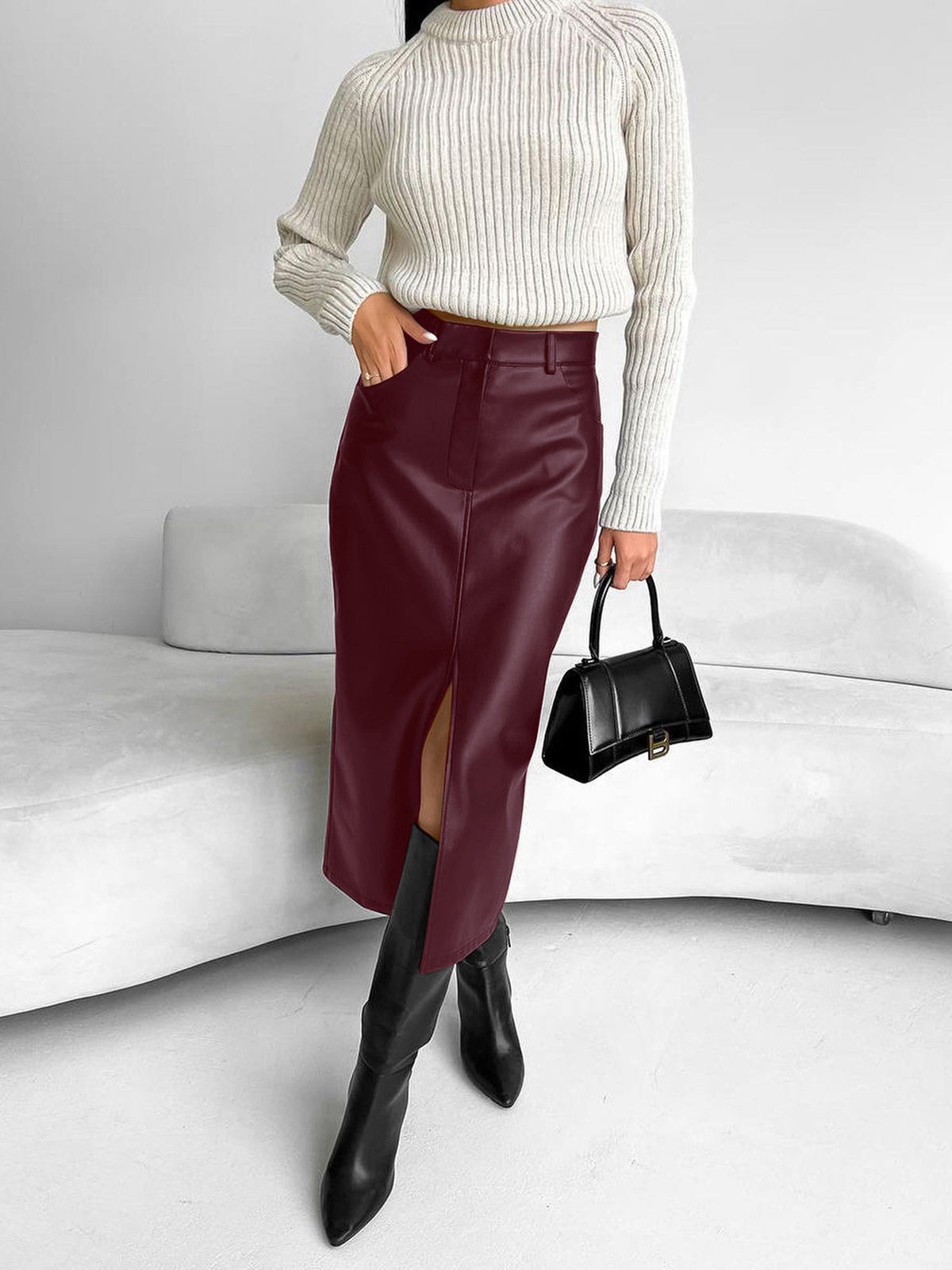 Faux Leather Midi Skirt – High-Slit Elegant Statement Piece