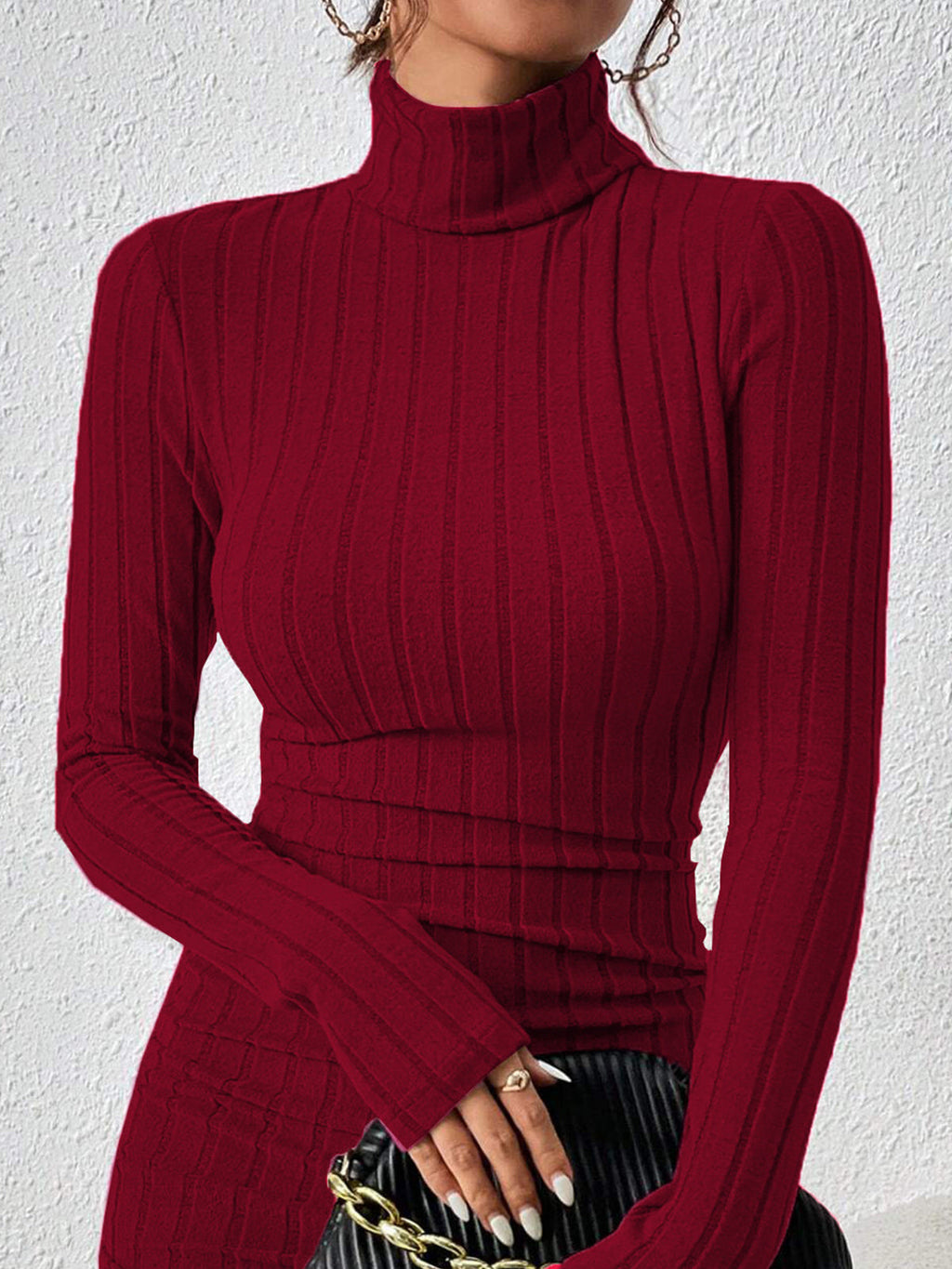 Women’s Ribbed Slim Fit Mini Dress – High Stretch Long Sleeve Stand Collar Dress