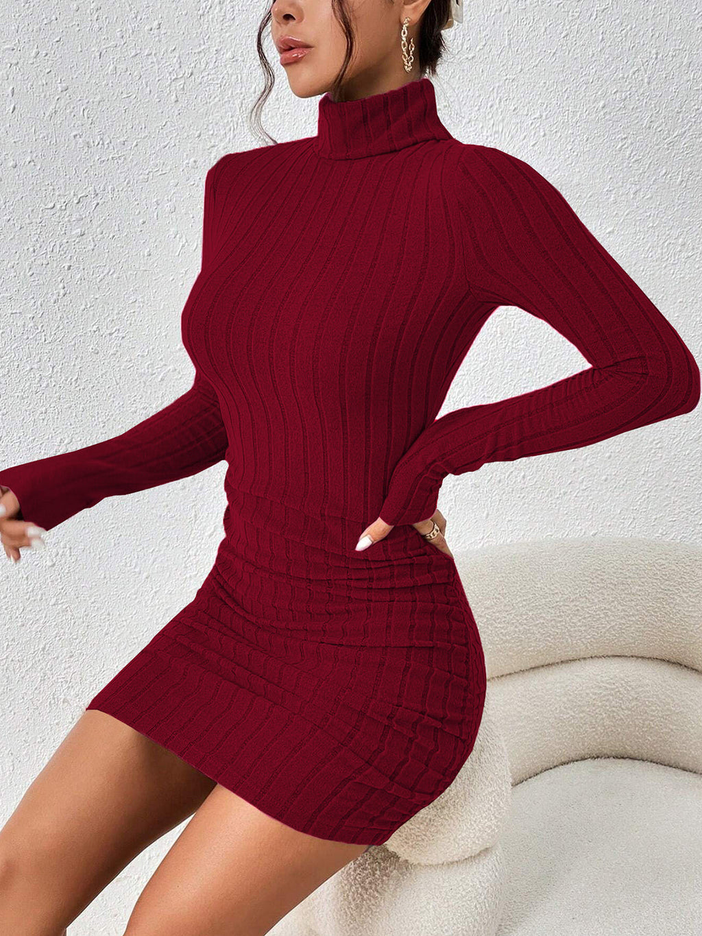 Women’s Ribbed Slim Fit Mini Dress – High Stretch Long Sleeve Stand Collar Dress