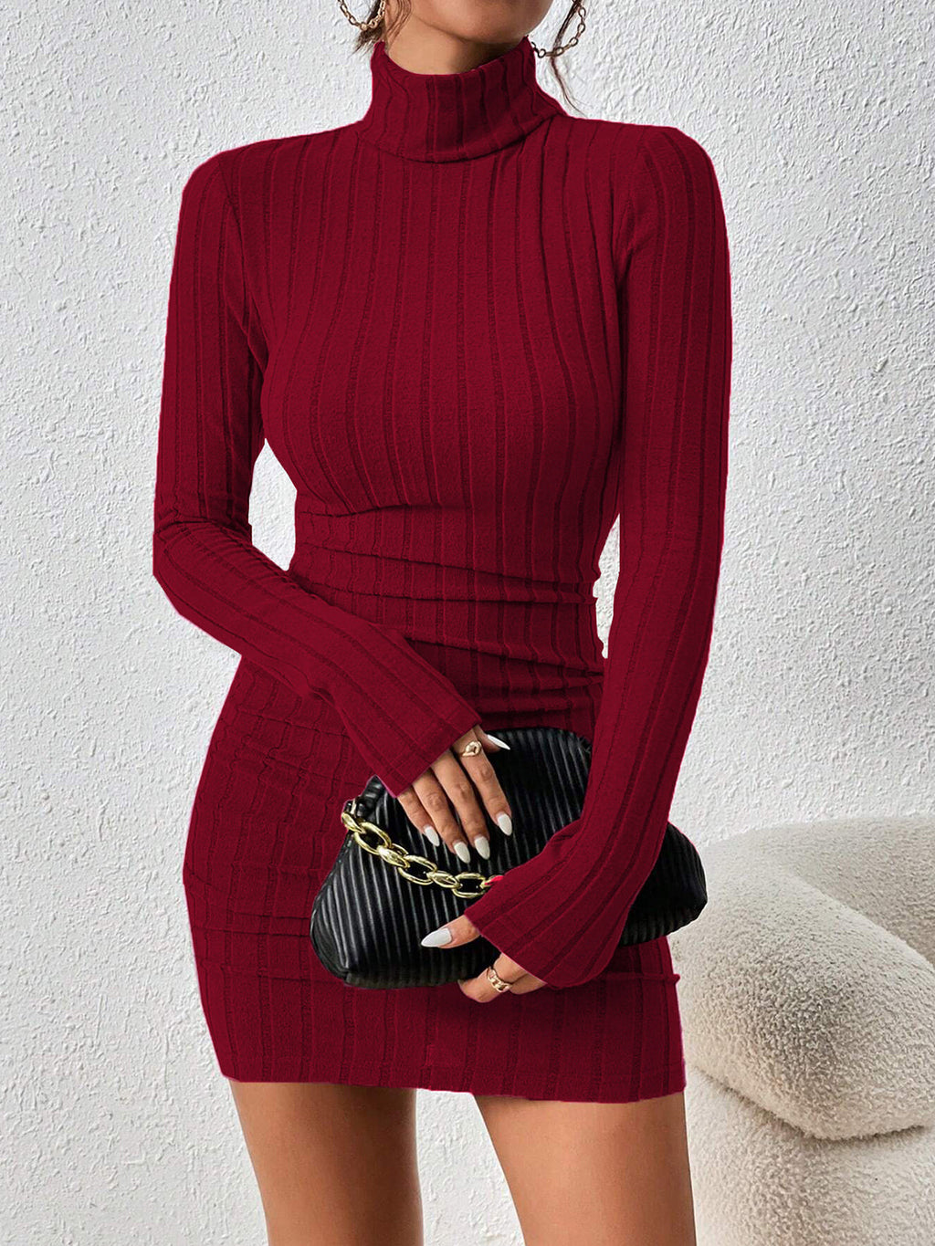 Women’s Ribbed Slim Fit Mini Dress – High Stretch Long Sleeve Stand Collar Dress