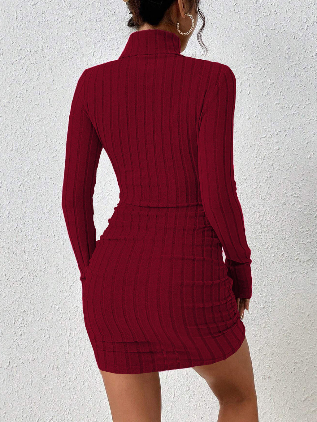 Women’s Ribbed Slim Fit Mini Dress – High Stretch Long Sleeve Stand Collar Dress