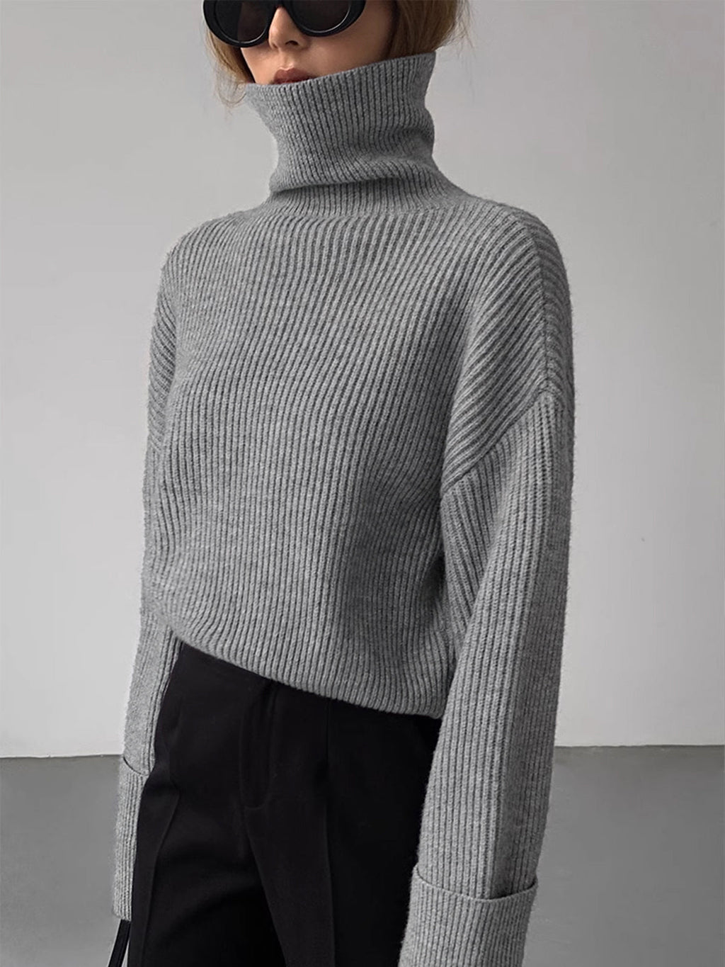 Women’s Ribbed Turtleneck Sweater – Stretch Knit Roll Neck Jumper