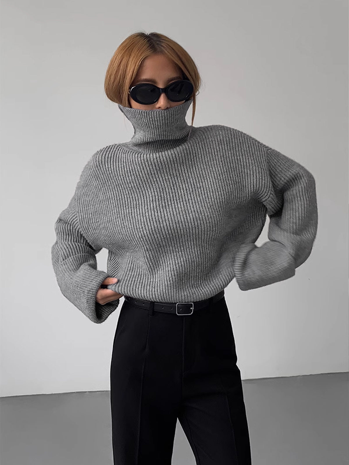 Women’s Ribbed Turtleneck Sweater – Stretch Knit Roll Neck Jumper