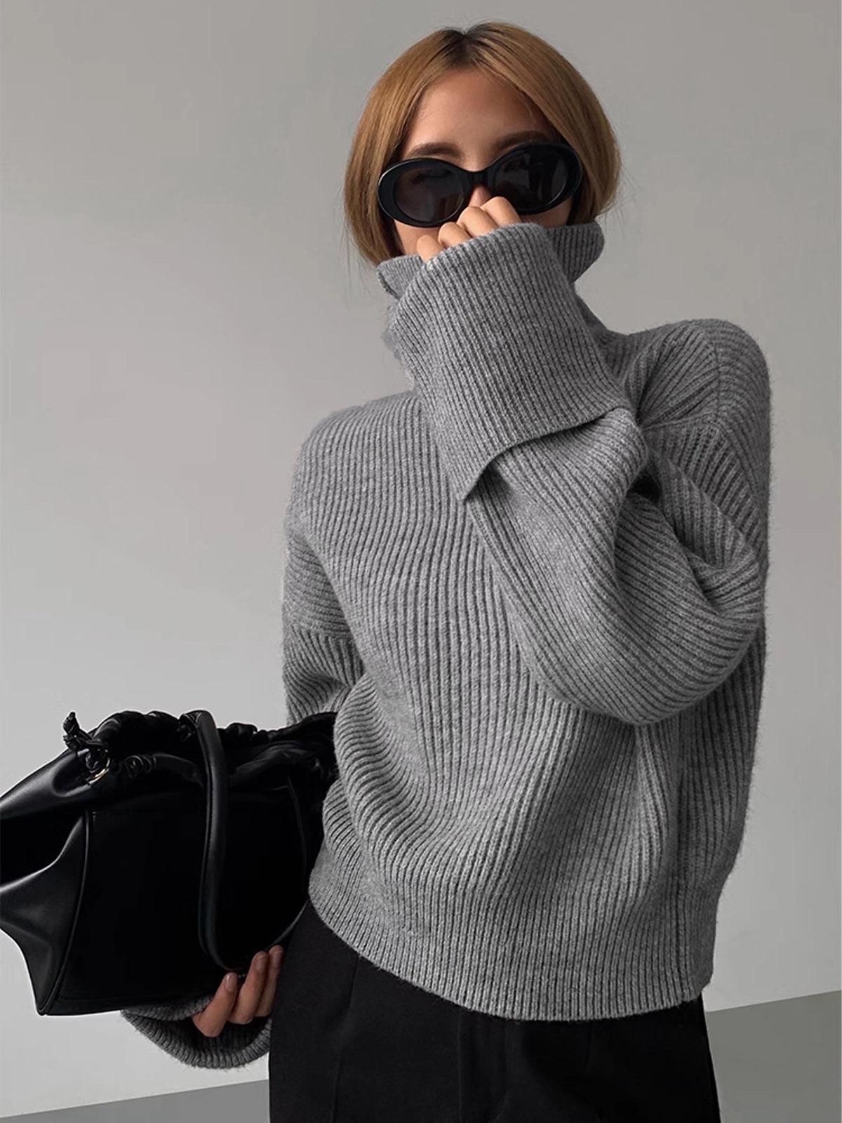 Women’s Ribbed Turtleneck Sweater – Stretch Knit Roll Neck Jumper