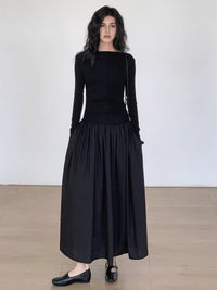 Pleated Patchwork Knit Midi Dress – Elegant Long Sleeve Style with Flattering Fit