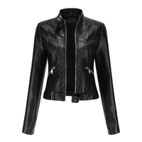 Women's PU leather jacket with zipper, high collar and belt