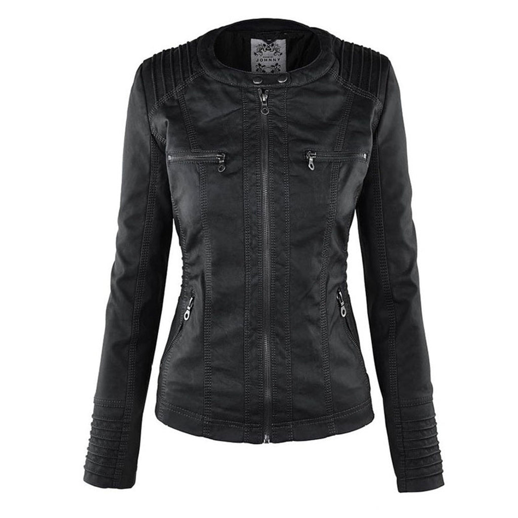 PU leather jacket with hood for women