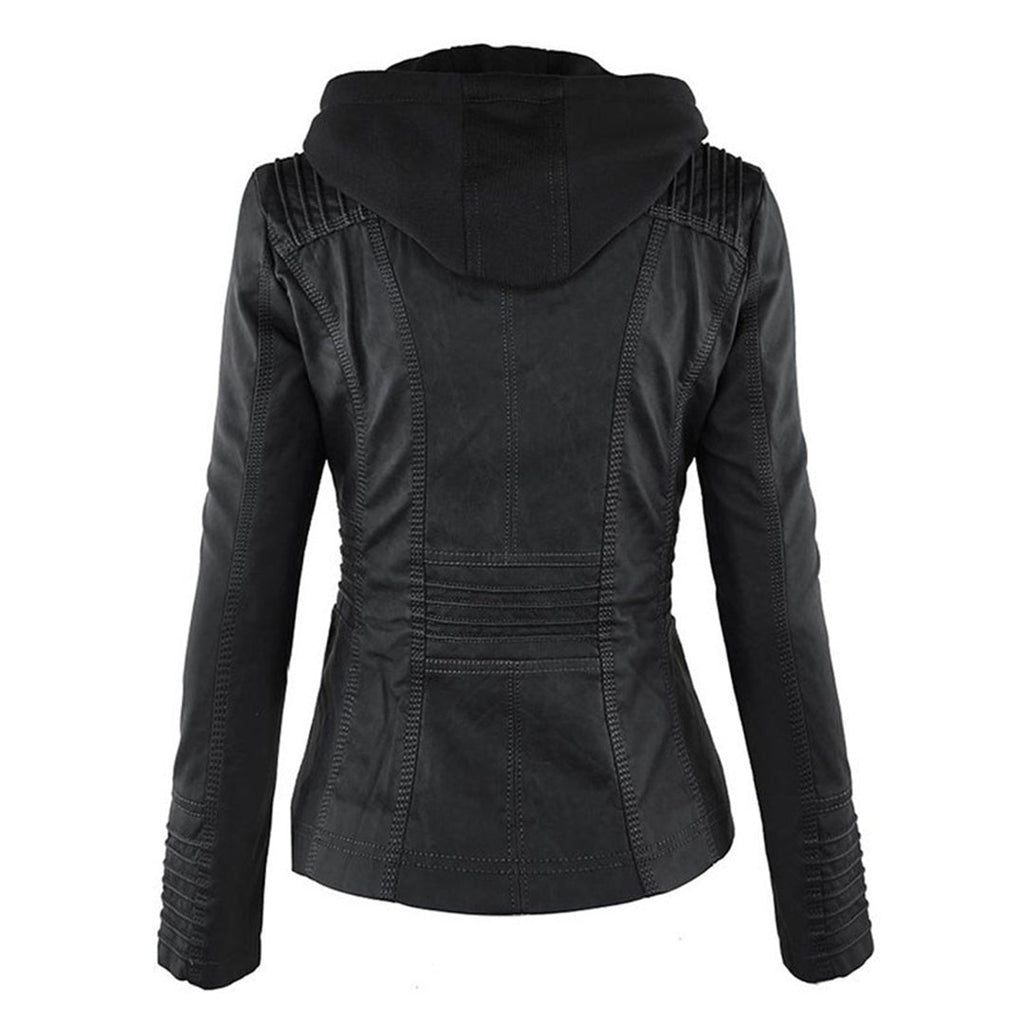 PU leather jacket with hood for women