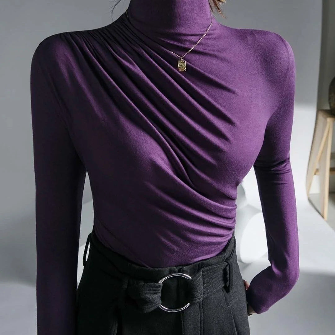 Women’s High Neck Pleated Blouse – Tailored Long Sleeve Smart Top