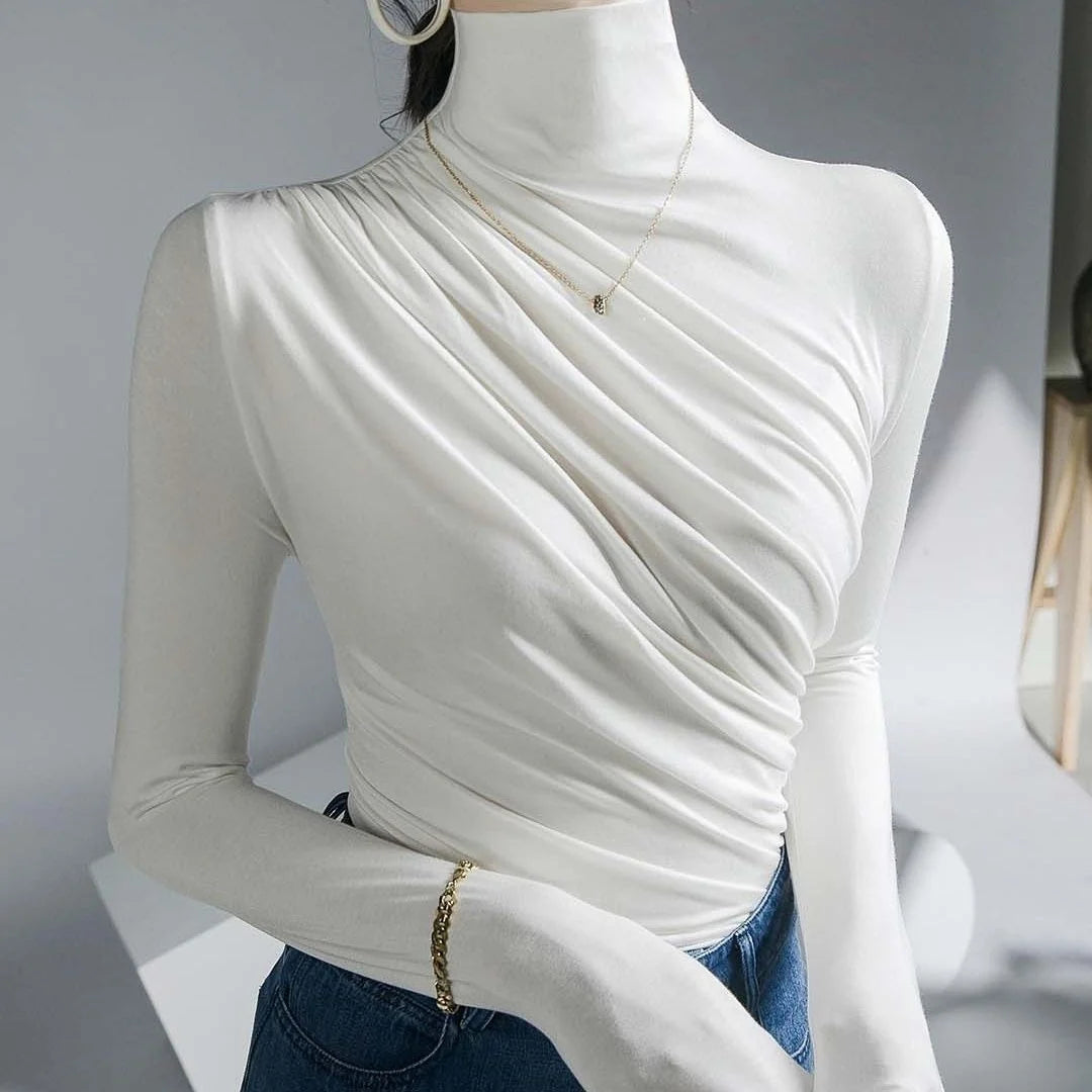 Women’s High Neck Pleated Blouse – Tailored Long Sleeve Smart Top