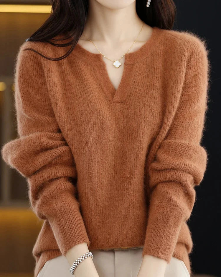 Women's Brushed Wool V-Neck Sweater – Soft Lightweight Pullover for Everyday Comfort