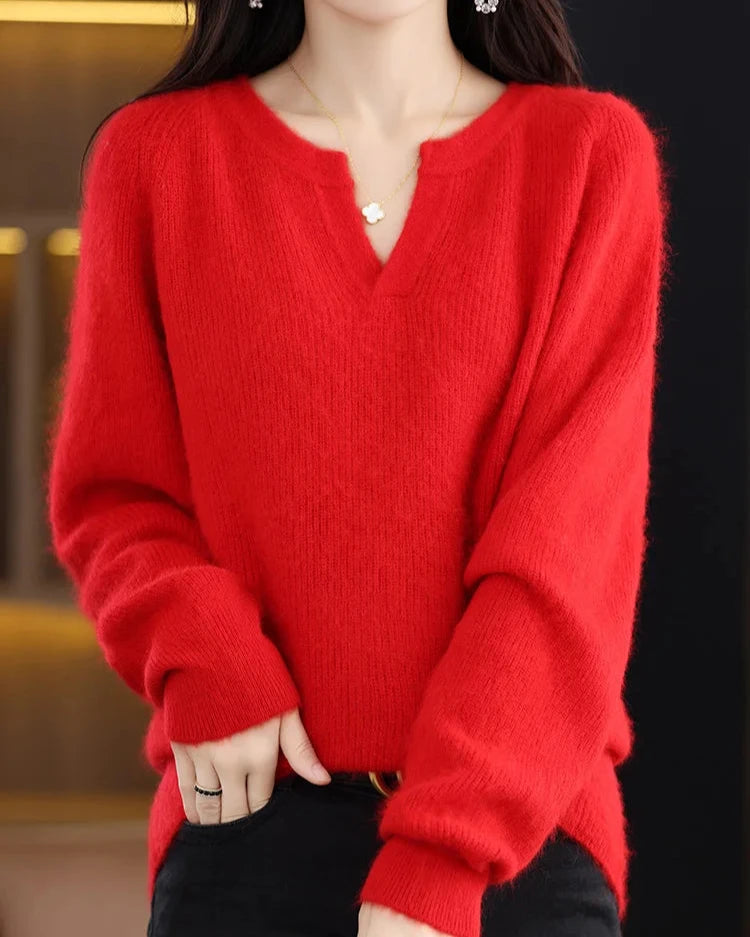 Women's Brushed Wool V-Neck Sweater – Soft Lightweight Pullover for Everyday Comfort
