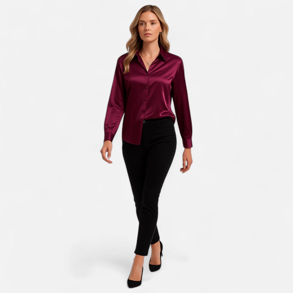 Women’s Satin Button-Down Blouse – Classic Long-Sleeve Lapel Shirt