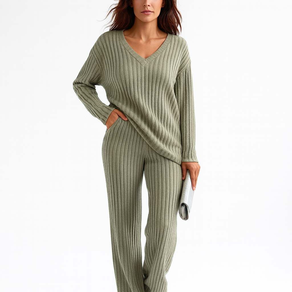 V-Neck Ribbed Knit Sweater for Women