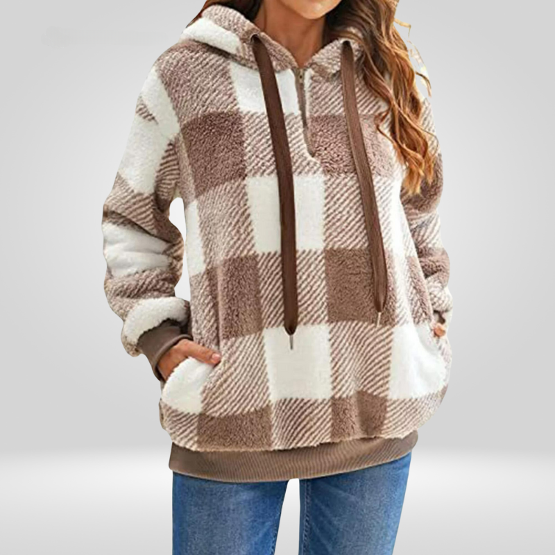 Nordic Cozy Check Hoodie for Women – Soft Fleece Checkered Pullover with Hood