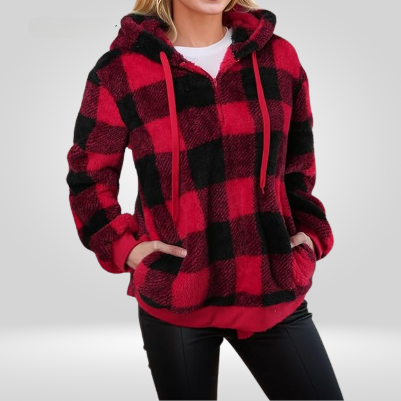 Nordic Cozy Check Hoodie for Women – Soft Fleece Checkered Pullover with Hood